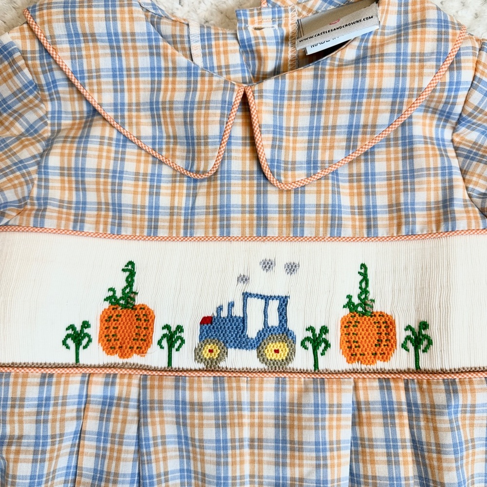 Tractor/Pumpkins Smocked Romper Size 12M (fits like 18/24m) - Picture 3 of 3